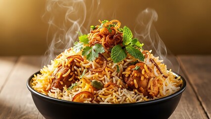 Steaming hot chicken biryani in a black bowl