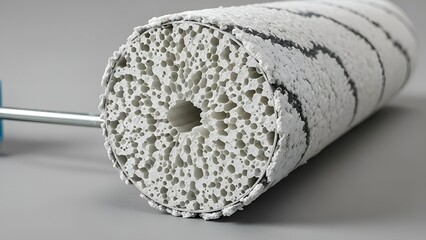 close up macro shot of a textured paint roller with porous surface and black stripes