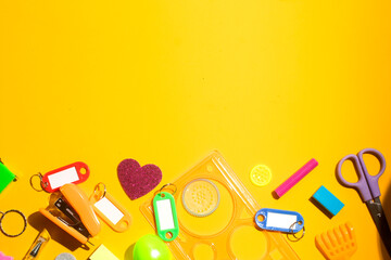 back to school background for kids and student, colorful stationery education in top view flat lay