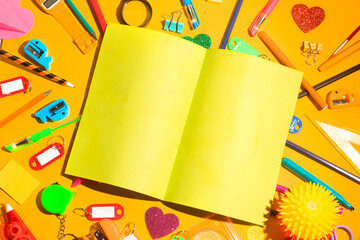 back to school background for kids and student, colorful stationery education in top view flat lay