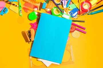 back to school background for kids and student, colorful stationery education in top view flat lay