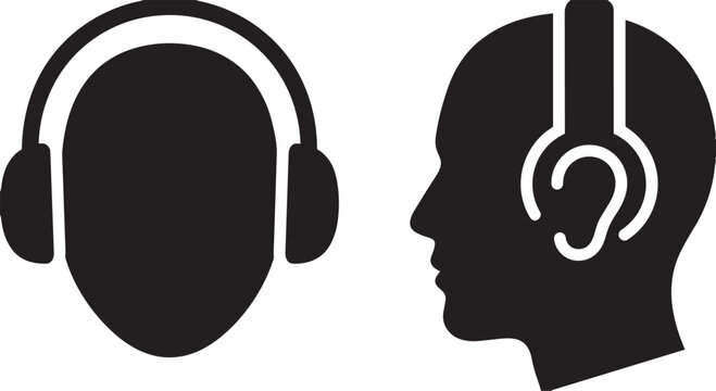 Clean graphic illustration featuring two minimalist human head silhouettes wearing headphones, ideal for representing concepts of listening, audio playback, sound, and communication