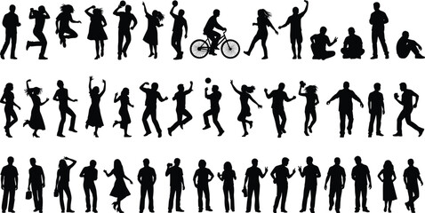 Fototapeta premium Large collection of black people silhouettes in various active poses including walking running jumping cycling dancing and sitting isolated on white background for lifestyle design