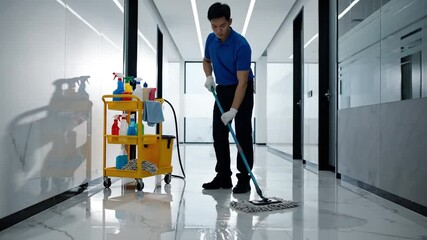 Professional cleaner meticulously mopping a pristine office hallway, maintaining immaculate cleanliness and hygiene standards with specialized equipment
