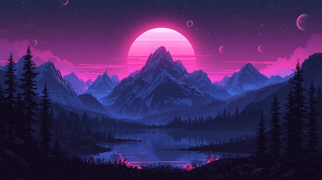 Vibrant purple mountain landscape with pink moon and stars