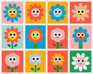 Obraz premium Colorful flower pattern with smiling faces in a grid arrangement