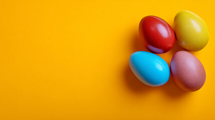 Obraz premium Vibrant Dyed Easter Eggs Grouped on Bright Yellow Background with Copy Space