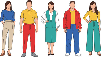 Vector Fashion Illustration of Diverse Men and Women in Colorful Business Casual Outfits Minimalist Outlines Professional Clothing Styles Isolated on a White Background