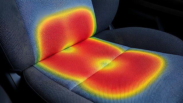 Close up of a car seat showing a heat map of body temperature distribution