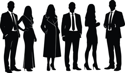 Vector illustration of business silhouettes—symbols for professionalism, fashion, posture, identity, leadership, teamwork, gesture, corporate style, confidence, and formal attire