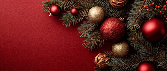 Festive Christmas Corner Decoration with Red and Gold Baubles on Dark Red Background