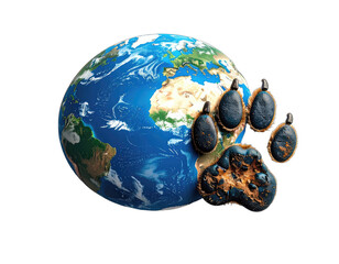 Earth globe with a close-up animal paw print, set against a black backdrop