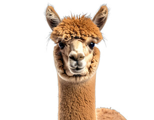 Close-up of a brown alpaca, gazing directly at the viewer with a neutral expression