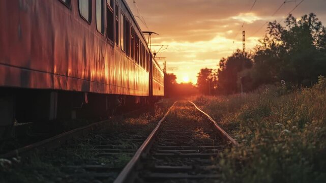 Footage A train travels along the tracks next to a dense forest, with trees and foliage visible on either side