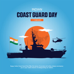 Modern indian coast guard day flat vector design featuring patrol vessel helicopter and india map background © Saifur Rahman