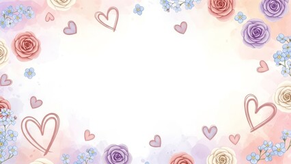 A delicate watercolor arrangement of roses, forget-me-nots, and hearts creates a heartwarming and romantic mood, ideal for Valentine's Day or wedding-