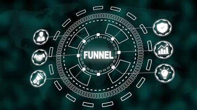 Sales Funnel Concept with Central FUNEL Button and Business Icons on World Map Background marketing funnel