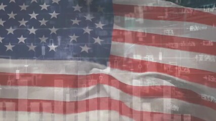 Animation of financial data processing over flag of USA - Powered by Adobe
