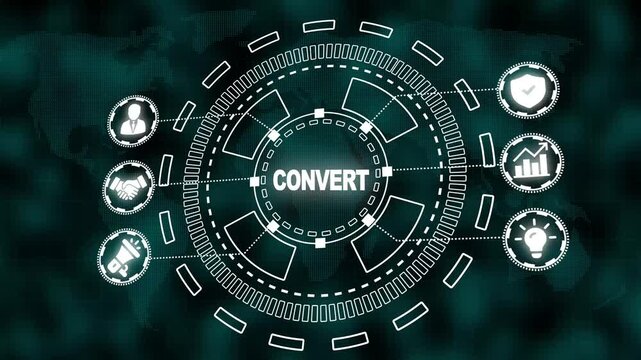 Conversion Rate Optimization Concept with Central CONVERT Button and Business Icons on World Map Background