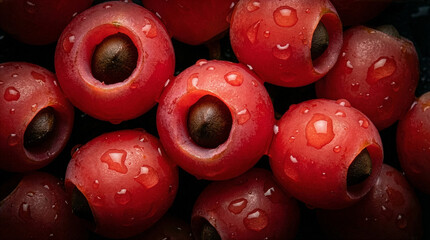 Close up of glossy red yew arils and black seeds