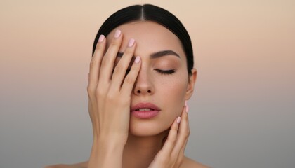 Calm Young Woman with Closed Eyes and Natural Glowing Skin Gently Touching Her Face