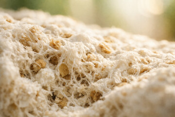 Close-up macro shot of organic mycelium packaging texture showcasing natural fungal fibers intertwined with substrate material, highlighting sustainable, eco-friendly biomass applications.