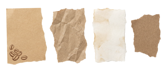 Set of torn kraft and stained paper sheets including coffee bean sketch, crumpled textures and neutral scraps on transparent background