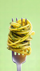 Close-Up of Fork Holding Spaghetti with Green Pesto Sauce on Green Background, Minimal Food Concept with Copy Space, Vertical 9:16
