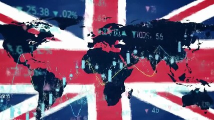 Digital animation shows global finance data processing with a Union flag - Powered by Adobe