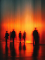 Blurred Silhouettes of People Walking Behind Translucent Ribbed Glass with Glowing Red to Orange Gradient Background and Copy Space.