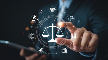 Futuristic digital law interface displaying justice scale, highlighting digital law image