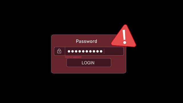 Wrong Password Warning Login Form Design animation  On Dark background.  Incorrect password Entry with Triangle warning Pops up. Red alert icon with exclamation mark, and an error message