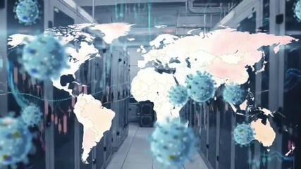 Digital animation shows global finance data processing with virus cells over data processing - Powered by Adobe