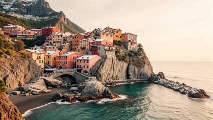 Charming coastal village with colorful houses, rocky cliffs, and serene waters at sunset, creating picturesque landscape
