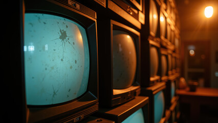 Old televisions stacked in dimly lit room, showcasing vintage aesthetic with nostalgic vibe. screens display bluish hue, adding to ambiance