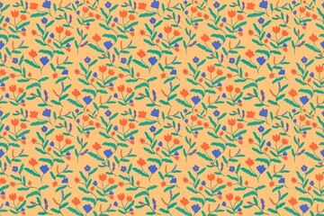 Seamless design featuring an abstract pattern of colorful geometric circles and vintage floral ornaments for a decorative textile wallpaper backdrop