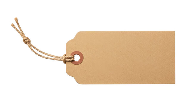 Brown kraft paper tag with string hanging isolated on transparent background