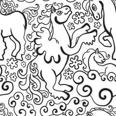 illustration of an abstract horse black and white pegasus flowers and clouds 