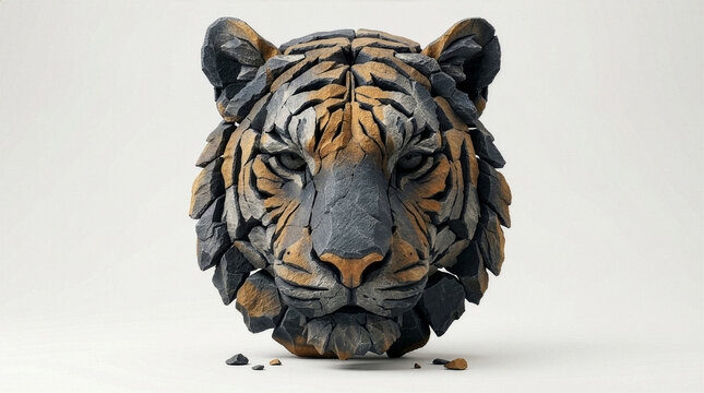 Floating tiger head sculpture with dark grey and tan stone accents