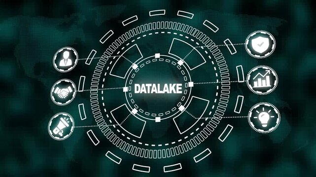 Digital Datalake Concept with Global Network and Business Icons on Dark Teal World Map Background big data