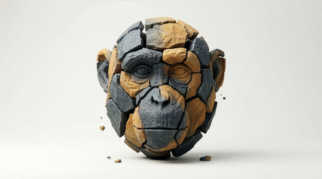 Three quarter view of a chimpanzee head made from stone shards