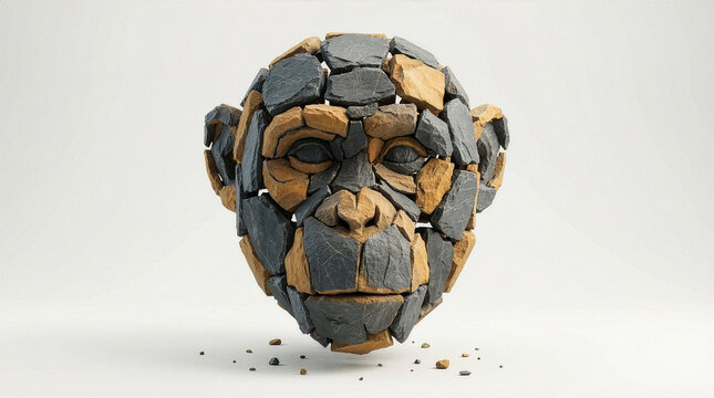 Chimpanzee head bust constructed from interlocking stone fragments