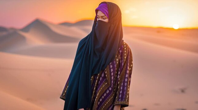 mysterious nomadic woman at golden desert sunset, ethnic desert wanderer portrait in arid sands, enigmatic tribal woman in sahara dunes