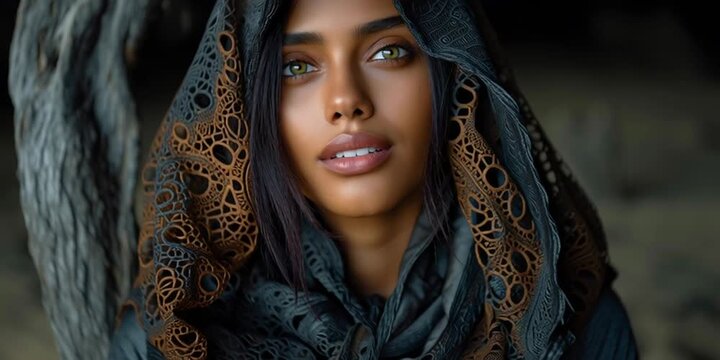 mysterious nomadic woman at golden desert sunset, ethnic desert wanderer portrait in arid sands, enigmatic tribal woman in sahara dunes
