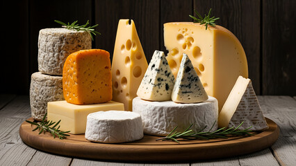 A variety of artisanal cheeses, including cheddar, blue cheese, and brie, arranged on a wooden board with rosemary sprigs, perfect for gourmet occasions