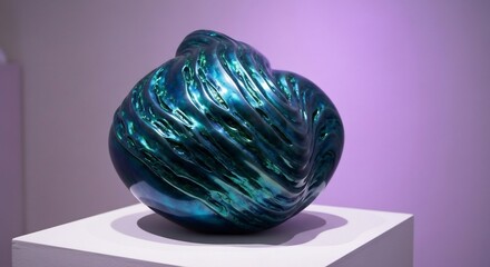 Fototapeta premium Abstract sculpture iridescent sphere with textured fluidlike swirls on a white pedestal against a violet backdrop