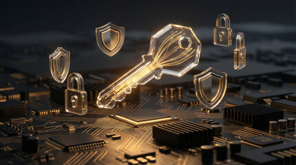 Digital Key and Locks, Shields on Circuit Board, Security Concept, isolated on transparent background