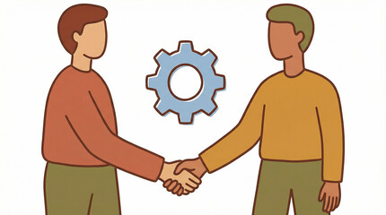 Hand-Drawn Illustration of Two Men Shaking Hands for Technical Partnership and Innovation.