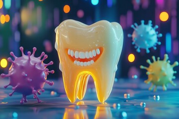 Cartoon tooth smiling amid colorful bacteria and viruses