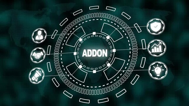Addon Concept with Global Network and Business Icons add-on technology